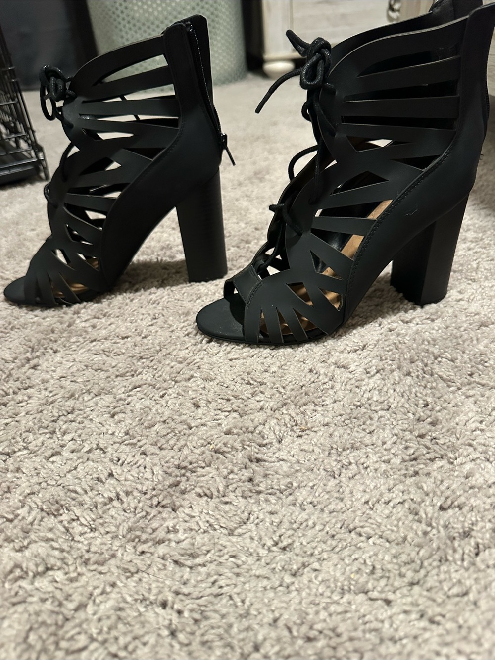 Black Lace-Up Cutout Women's Heeled Sandals - Picture 3 of 5